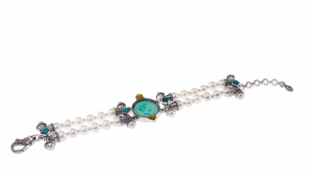 BRACCIALE IN ARGENTO CON PASTE VITREE, TRIPLETTE E PERLE