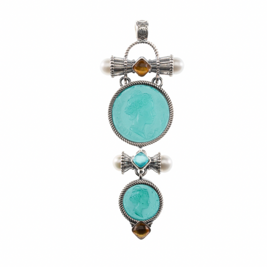 CIONDOLO IN ARGENTO CON PASTE VITREE, TRIPLETTE E PERLE