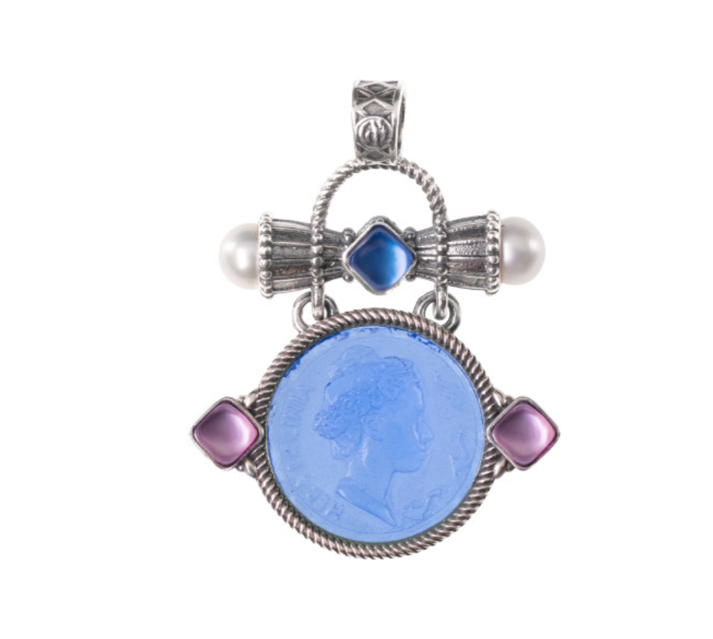 CIONDOLO IN ARGENTO CON PASTE VITREE, TRIPLETTE E PERLE