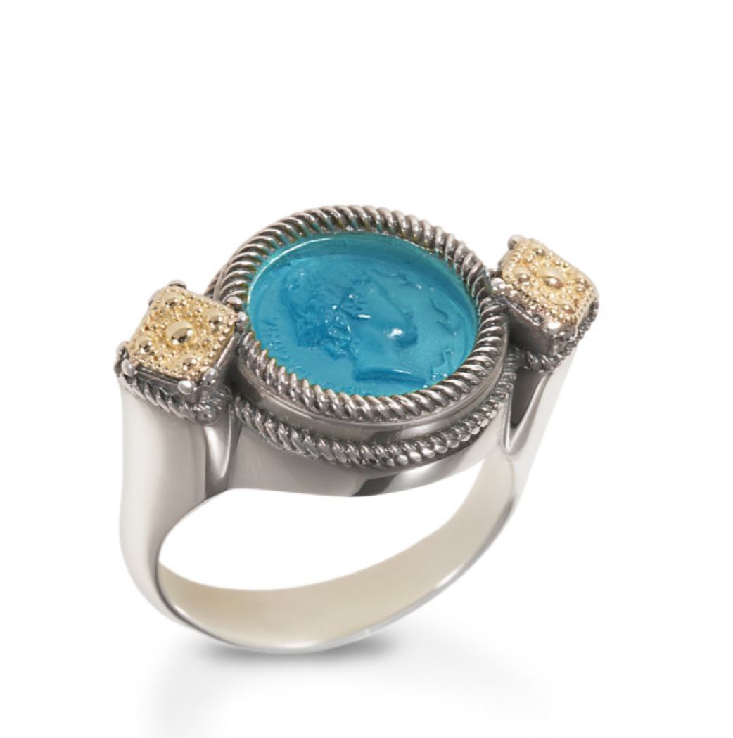 ANELLO IN ARGENTO E ORO CON PASTA VITREA E PERLA