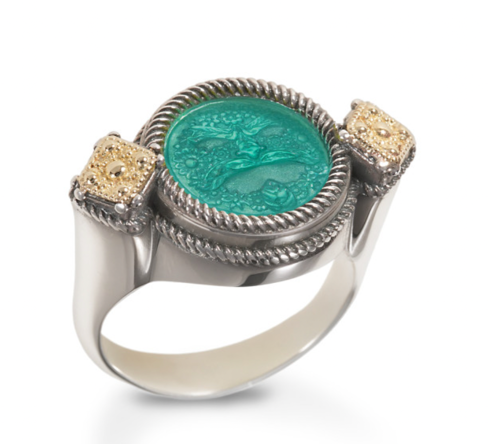 ANELLO IN ARGENTO E ORO CON PASTA VITREA E PERLA